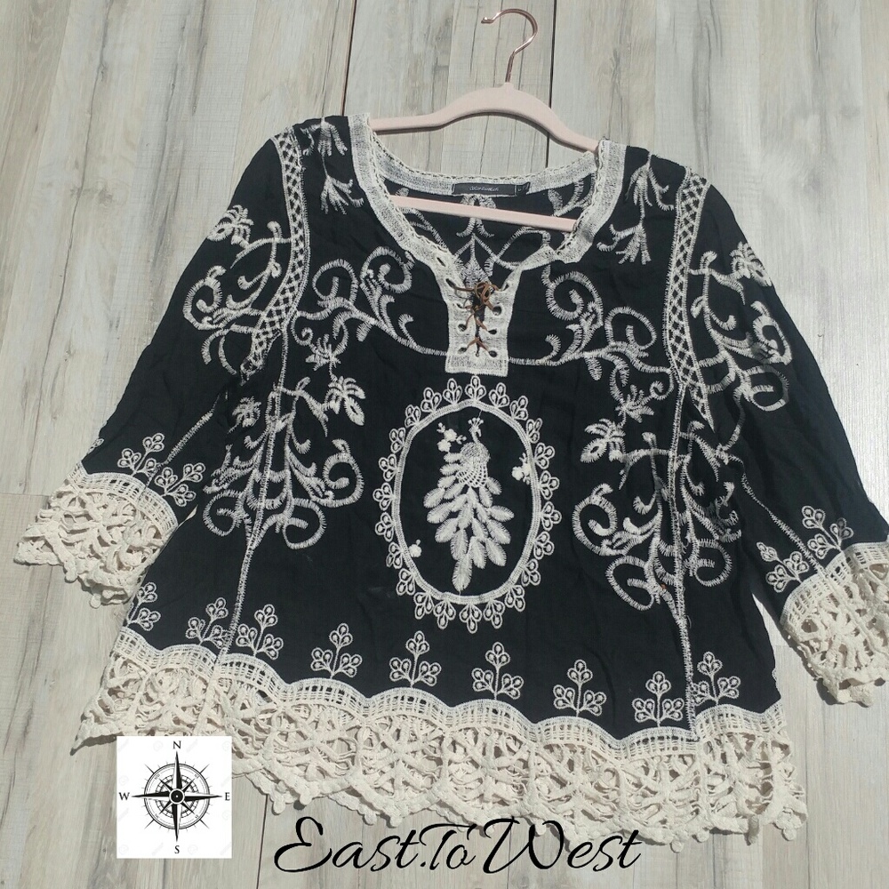 Black Peacock Embroidered Tunic Blouse